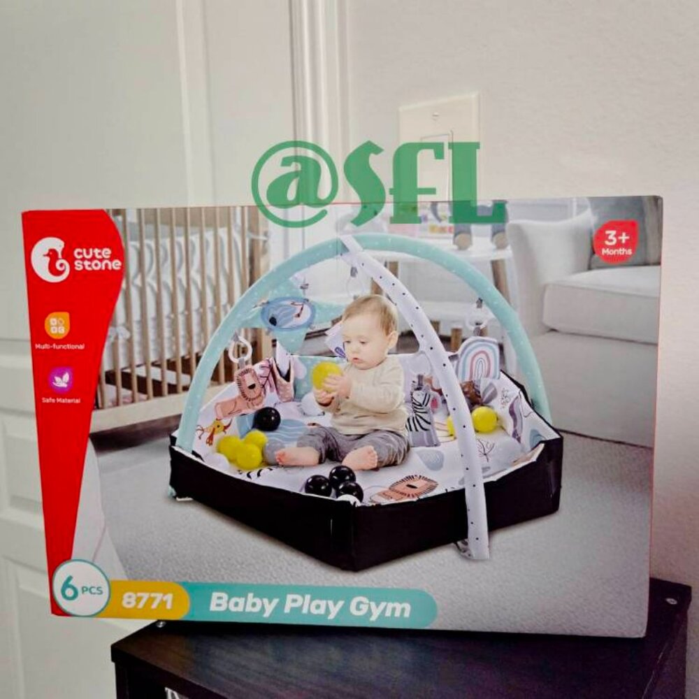 Cute Stone Baby Play Gym Tummy Time Activity Mat 5 Hanging Toys Foldable Corners